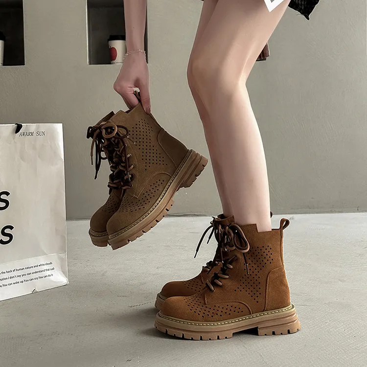 时尚百搭复古镂空内增高马丁靴女2025夏季新款粗跟厚底短款登山靴