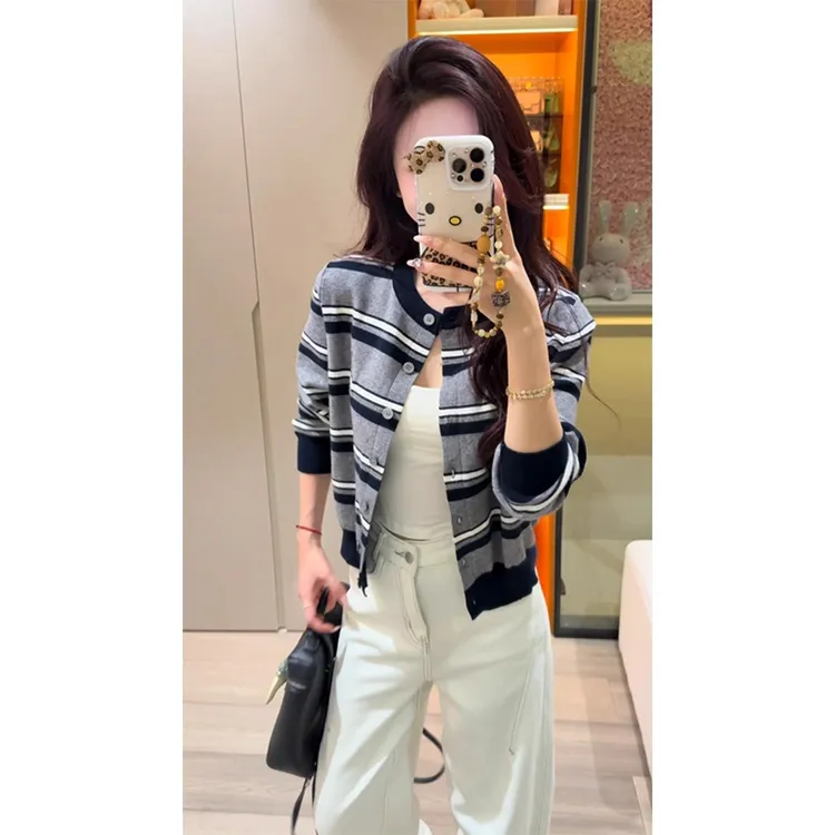 撞色条纹针织开衫女2025早秋季新款韩系穿搭修身短款毛衣外套上衣