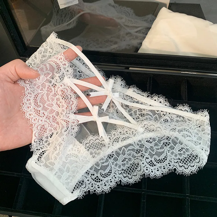 紫色绑带性感无痕内裤女纯欲蕾丝法式网纱舒适女士三角裤镂空