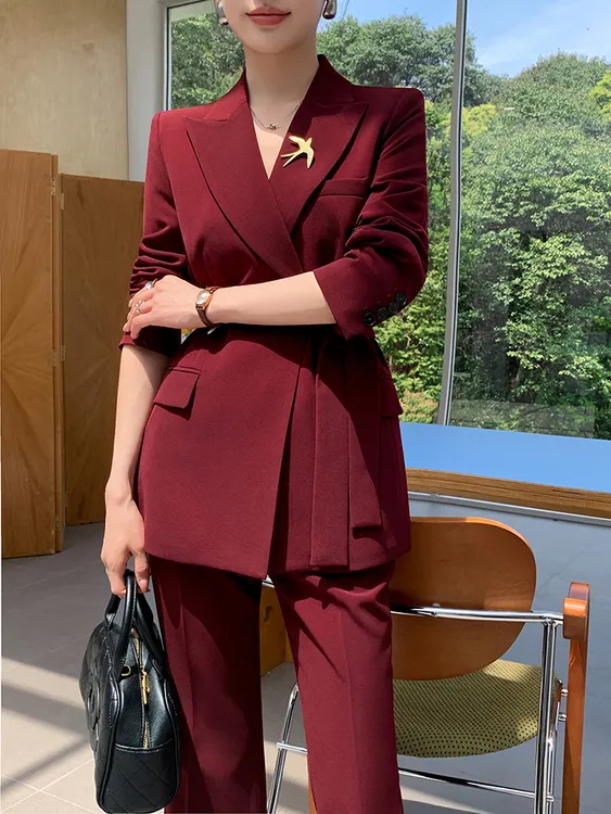 9631安哥拉红炸街西装2025秋季腰带商务休闲通勤休闲气质西服套装