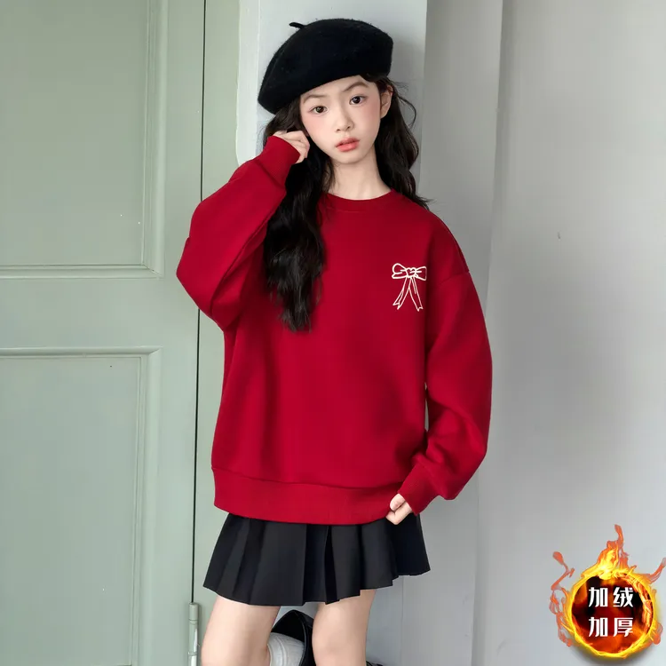 女童冬装卫衣2025新款新年战袍上衣中大童加绒加厚卡通蝴蝶结卫衣