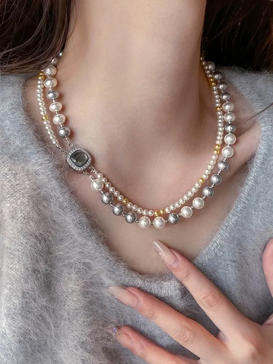 铜合金仿珍珠项链 法式【设计师】倪妮同款珍珠项链彩色双层锁骨链