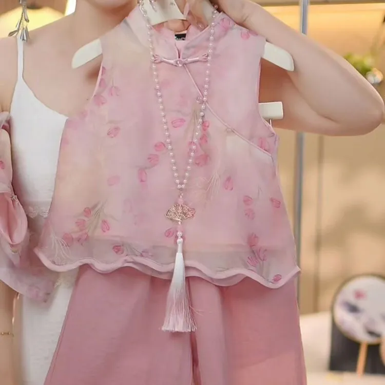 女童国风套装夏季2025新款洋气儿童新中式盘扣夏装旗袍汉服两件套