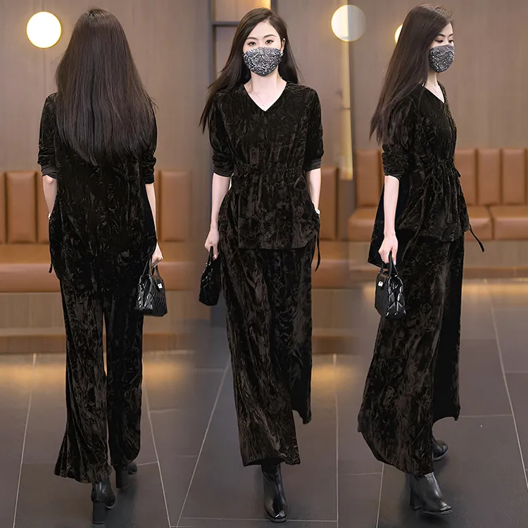 大码女装2025秋冬装新款时尚高端垂感金丝绒阔腿裤两件套