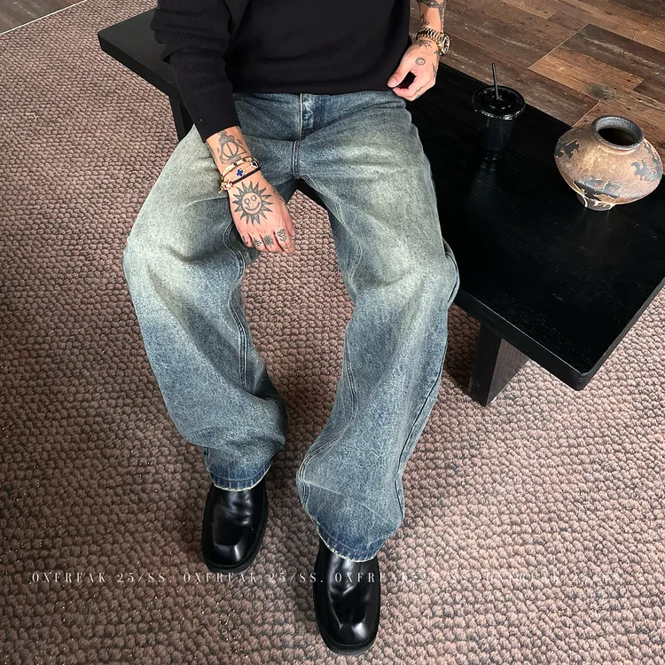 OXFREAK「冰蓝水洗」13OZ复古做旧牛仔裤男宽松直筒A字弯刀阔腿裤