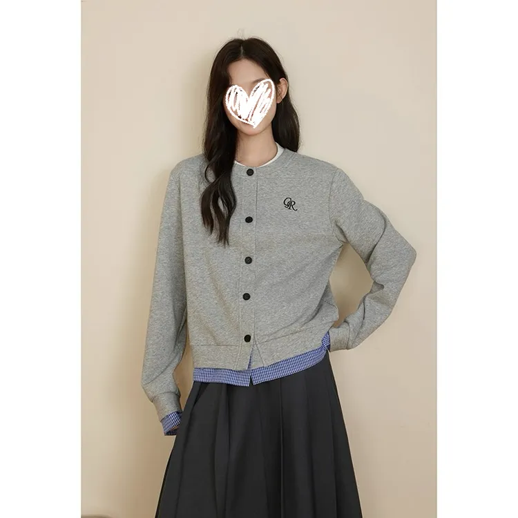 韩系灰色假两件格子拼接开衫卫衣女秋季设计感休闲百搭长袖外套