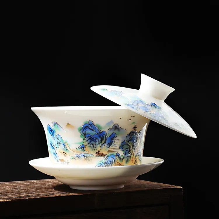 悬停手绘大号盖碗20款手绘320ml羊脂玉陶瓷八宝茶大容量茶碗