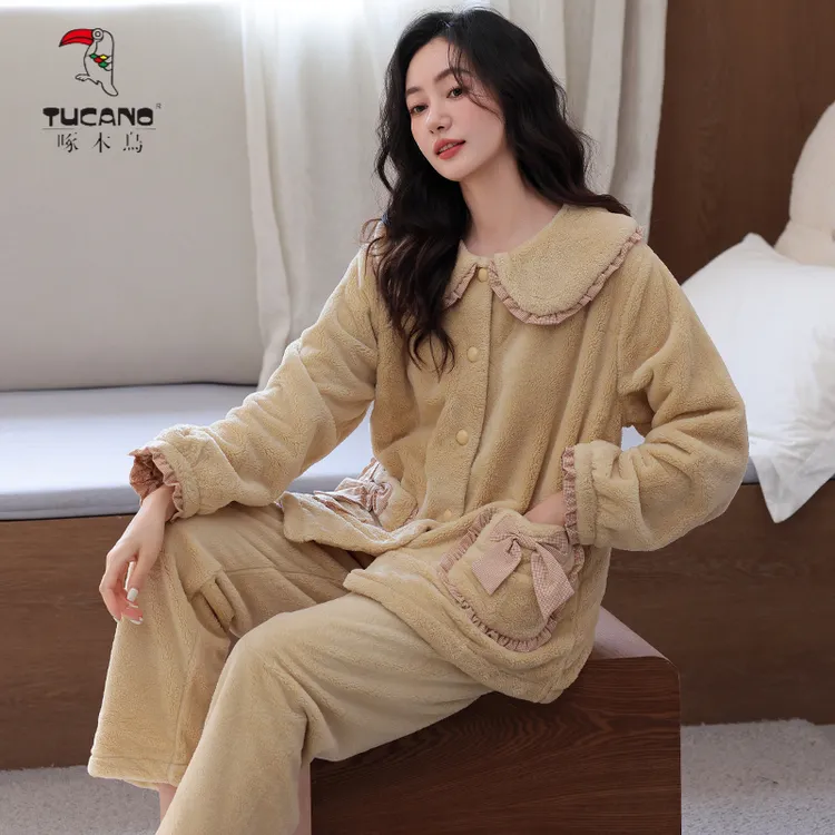 啄木鸟法兰绒加厚珊瑚绒睡衣冬款加绒大码高级感保暖家居服套装