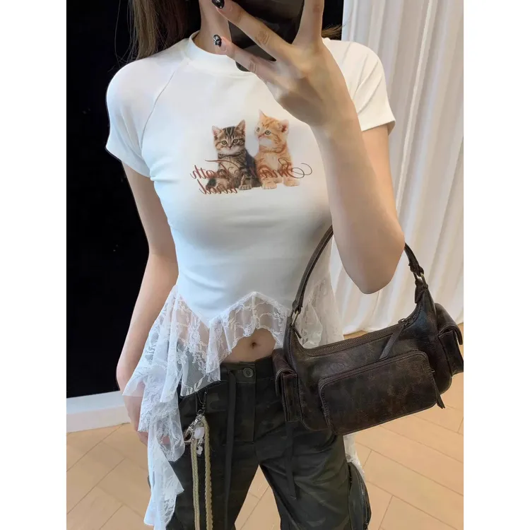 小众法式插肩拼接蕾丝猫咪印花修身显瘦设计感短款辣妹百搭夏季