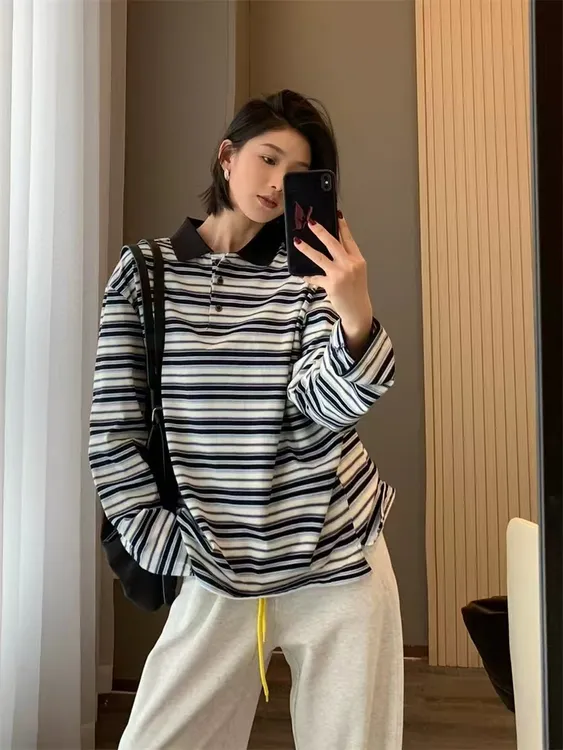 春季新款POLO衫宽松型条纹百搭宽松韩版休闲上衣t 30403