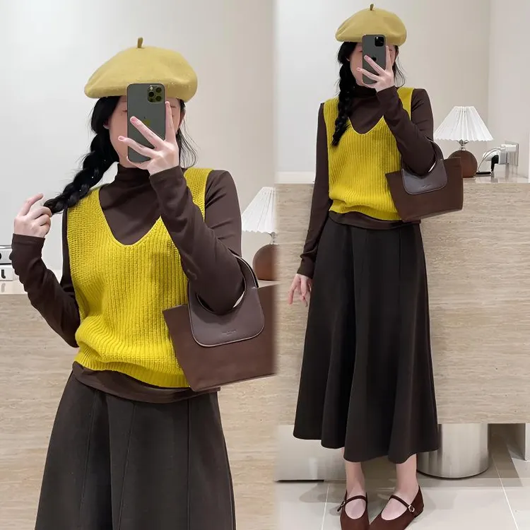 2025秋季新款打底衫叠穿针织马甲背心半身裙套装气质文艺百搭
