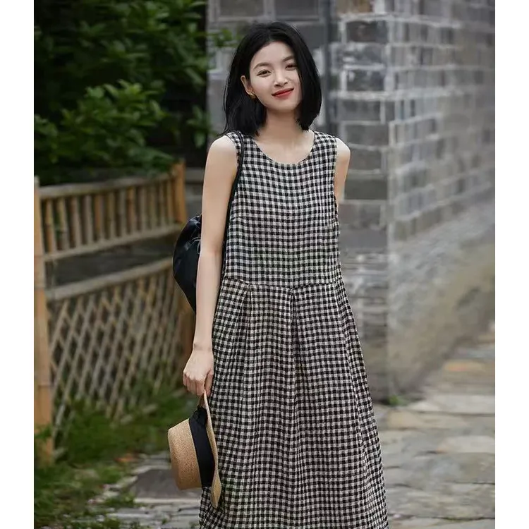 门店7/9&9！森系连衣裙」肌理泡泡皱棉感格子显瘦无袖中长裙D40282