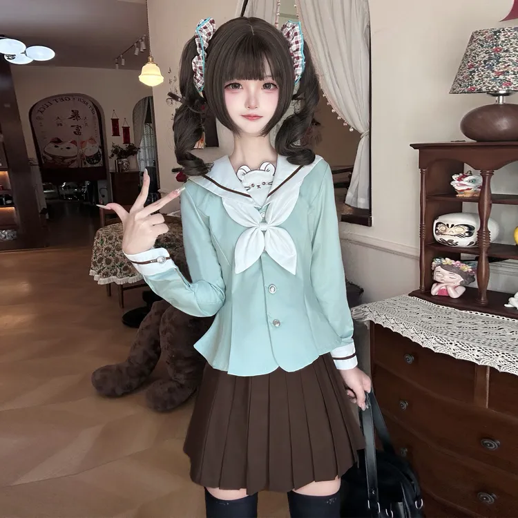 小狐町【吱吱蝶恋】原创jk制服日系水手服显瘦修身薄荷色秋冬套装