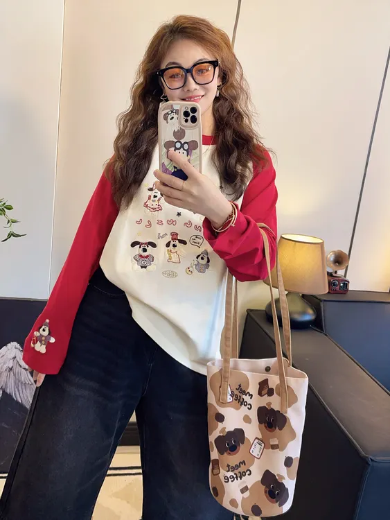 防串色！大耳朵狗刺绣~Yongwill显瘦拼色插肩打底衫1183（90-150斤）