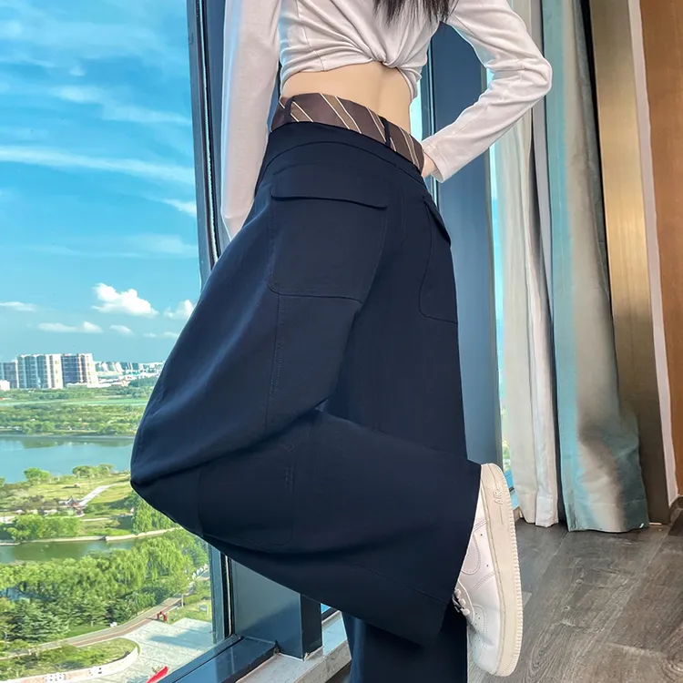 藏青洗水弯刀工装裤女春秋老钱风松弛阔腿裤休闲运动香蕉裤高腰潮