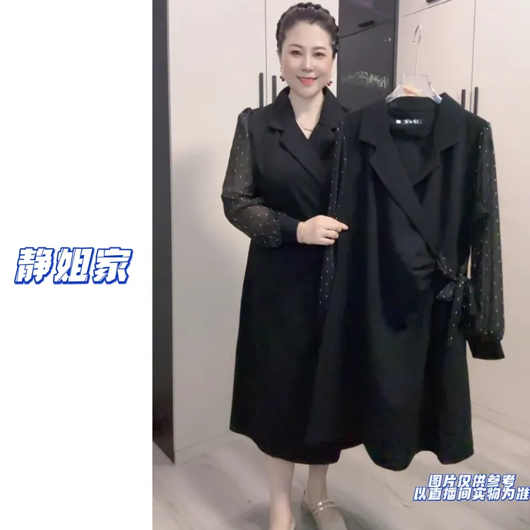 JING定制大码女装8125法式时尚波点拼接A版长短款连衣裙 