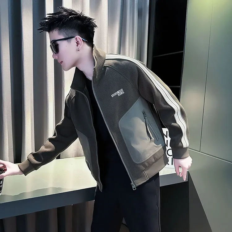 男士外套春秋季2025新款高级感痞帅潮牌男装外衣条纹百搭立领夹克