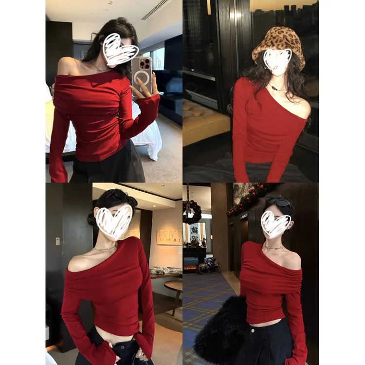 网红洋气炸街斜肩褶皱内搭长袖T恤女装秋冬修身显瘦打底衫S11461