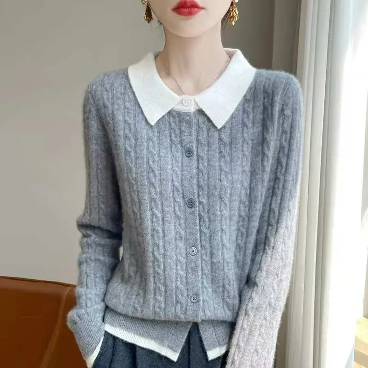 2025秋冬螺纹假两件女新款显瘦时尚百搭羊毛针织开衫短款毛衣打底