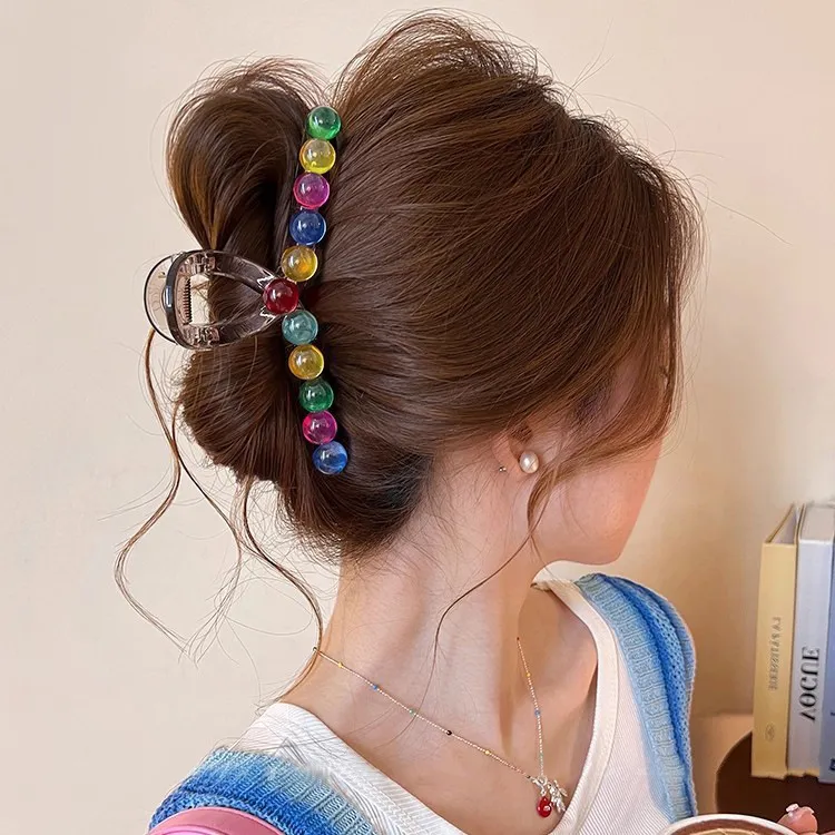 时尚彩色玻璃珠抓夹大号盘发夹女2025新款半扎发夹后脑勺鲨鱼夹子