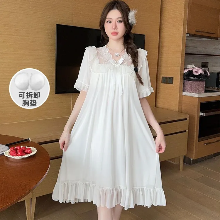 【小美慧】春夏白色V领蕾丝网纱短袖中长款胸垫睡裙可外穿家居服女