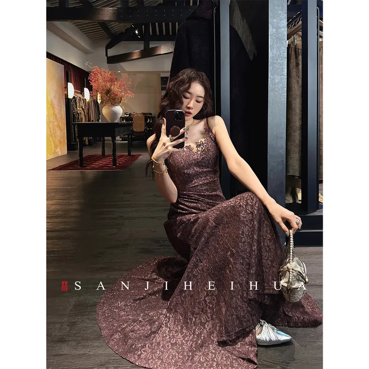 三吉黑花【梦马】新中式织金蕾丝连衣裙子冬装超好看的吊带长裙潮