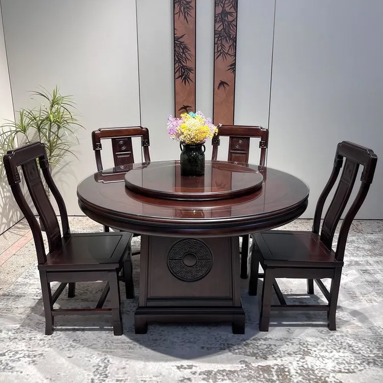 全实木餐桌椅组合新中式家用大圆桌带转盘玻璃吃饭桌紫金檀多尺寸