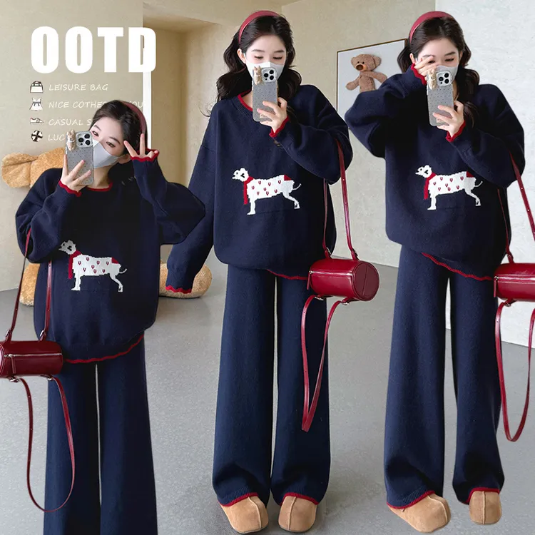 2025秋冬懒人外出套装时尚卡通可爱毛衣+阔腿裤两件套百搭宽松