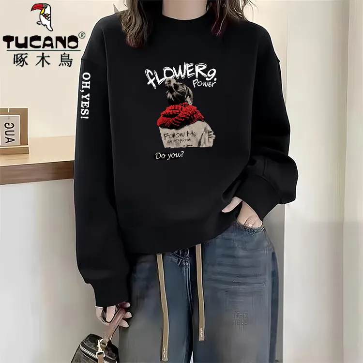 啄木鸟纯棉气质简约时尚百搭加绒韩版宽松显瘦宽松圆领上衣长袖潮