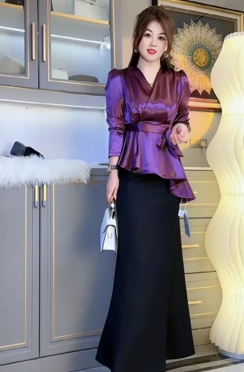 【云迹】新款V领名媛荷叶边女神长袖衬衫减龄秋季系带常规款-7133