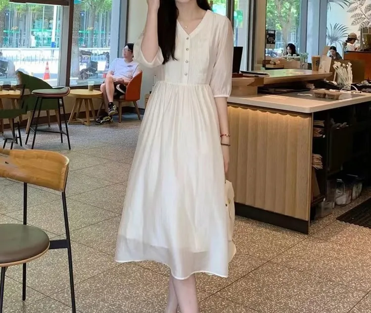 高端天丝连衣裙女2025夏季新款宽松显瘦收腰气质中长款裙子A359