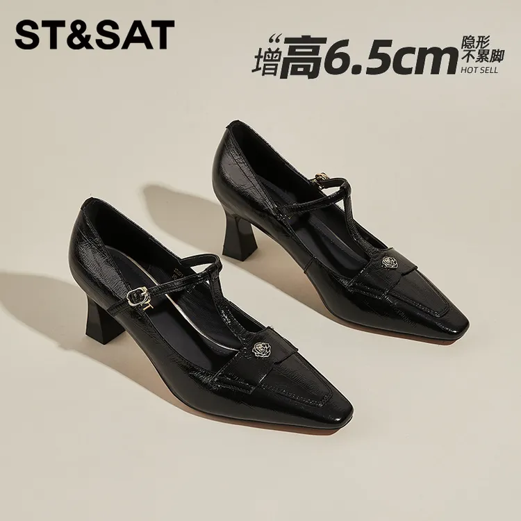 星期六软羊皮丁字扣单鞋女秋季新款玛丽珍鞋细跟宴会鞋通勤高跟鞋