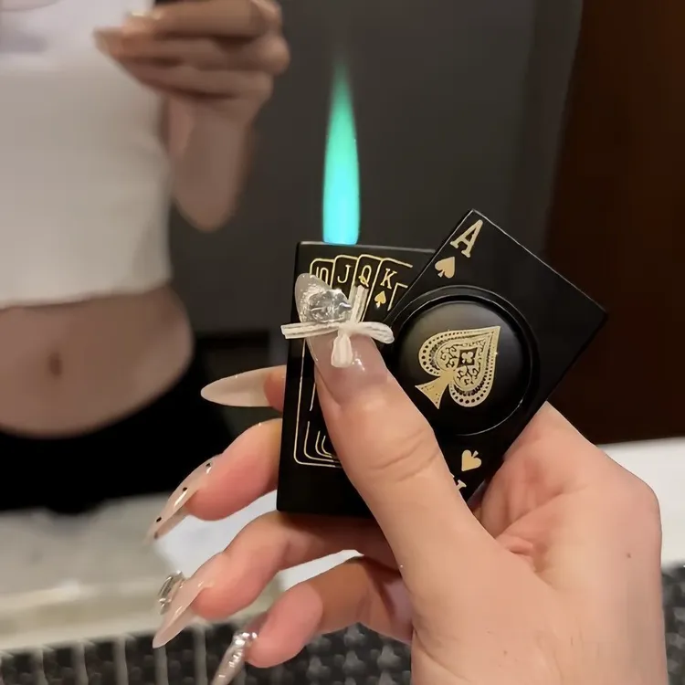 网红旋转侧滑创意麻将扑克牌绿焰充气防风打火机炫酷礼物送男友