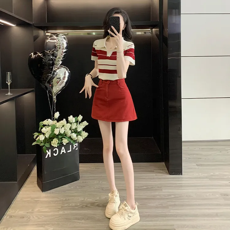 夏季新款t恤短袖女薄款条纹针织半袖小个子洋气牛仔短裙半身a字裙
