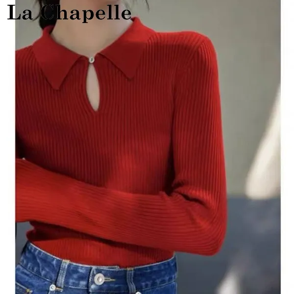 拉夏贝尔法式翻领针织衫女秋冬款设计感小众修身内搭上衣打底毛衣
