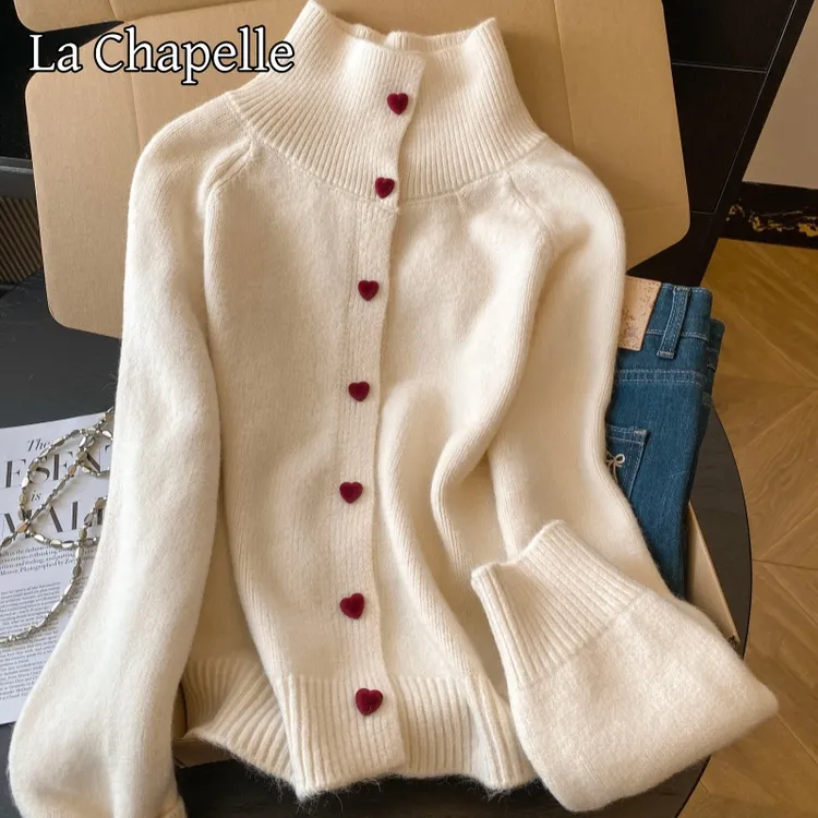 拉夏贝尔高领爱心扣开衫毛衣女秋冬新款设计感遮肚子慵懒风针织衫