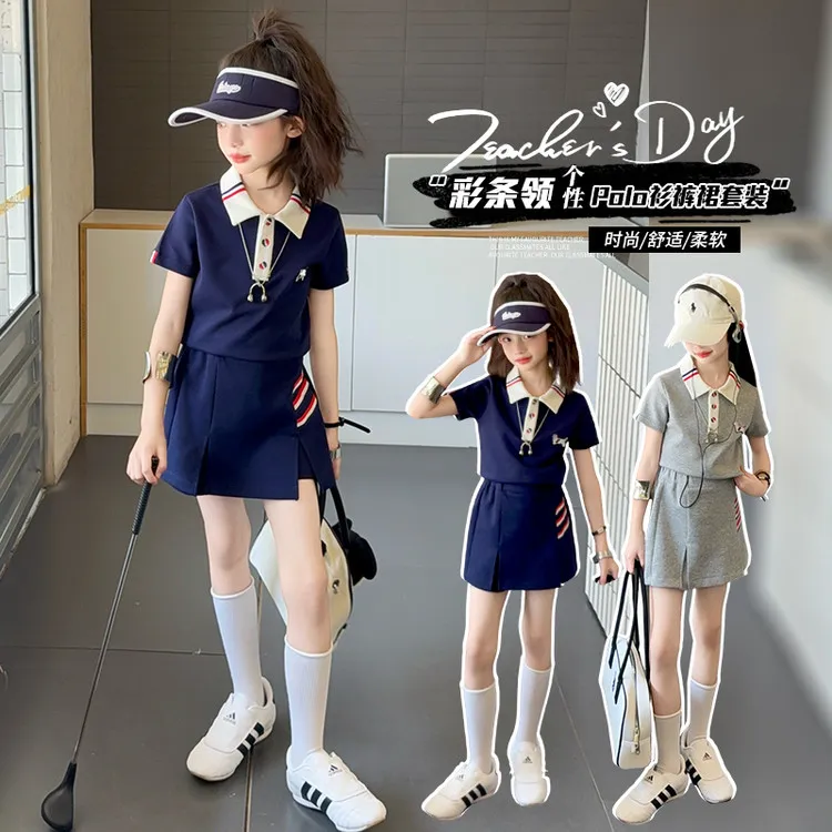 女童学院风套装夏季2025新款运动气质小女孩POLO衫短袖短