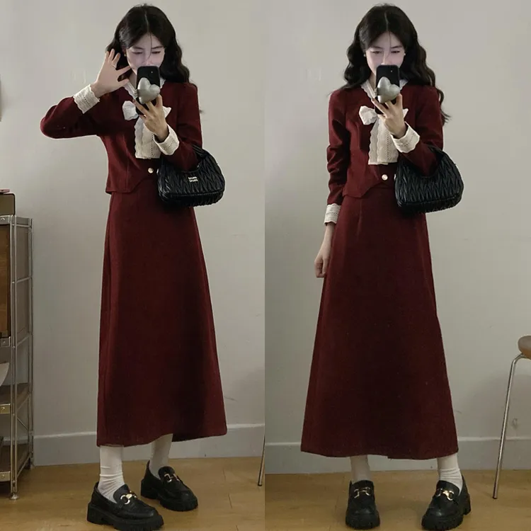 大码胖mm秋冬新款小香风套装裙女红色结婚订婚回门穿搭冬装两件套