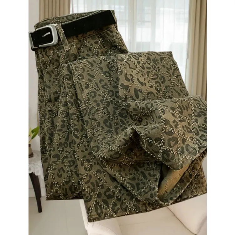 时尚洋气潮流豹纹格子牛仔裤女宽松阔腿裤秋冬季美式直筒女牛仔裤