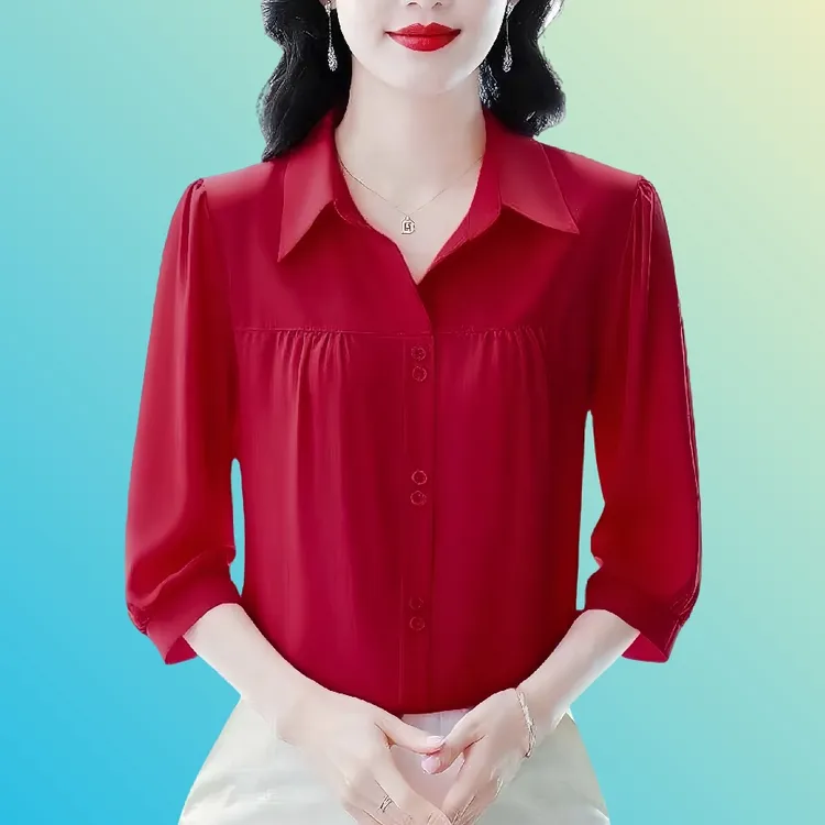 夏季薄款七分袖纯色雪纺上衣时尚妈妈装洋气显瘦百搭气质小衫女士