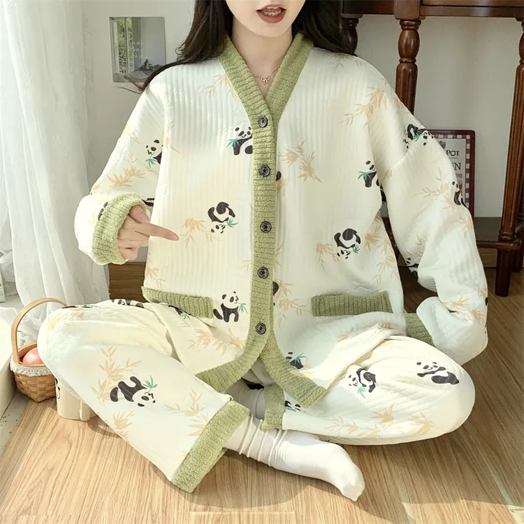 300斤秋冬胖妹妹大码睡衣女空气棉夹层长袖长裤2025新款套装家居