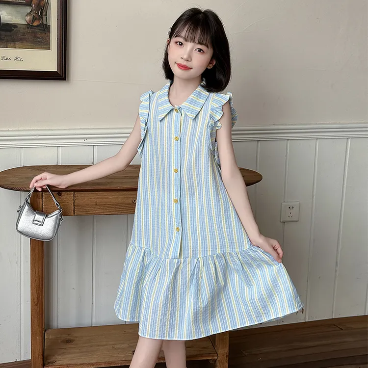 女童连衣裙2025新款夏季儿童洋气条纹衬衫裙子女孩夏装大童公主裙
