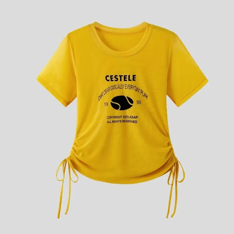 夏季新款抽绳网纱广场舞健身操显瘦白搭户外运动T恤上衣