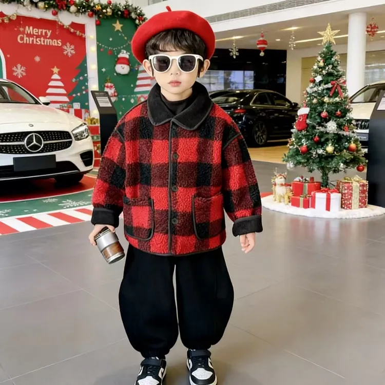 男童时尚秋冬款加绒格子外套儿童大衣洋气冬季加厚宝宝年服毛毛衣
