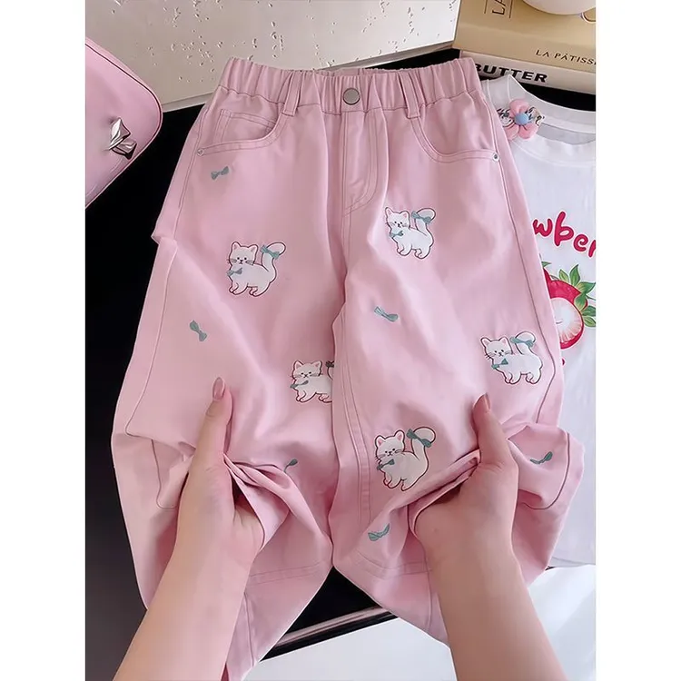 女童夏季裤子2025新款洋气儿童卡通女孩百搭夏装直筒透气休闲裤