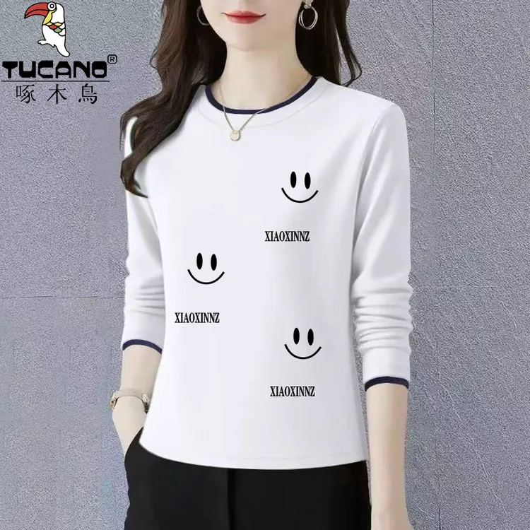 啄木鸟纯棉爆款新款春秋长袖中老年时尚洋气百搭打底衫女上衣T恤