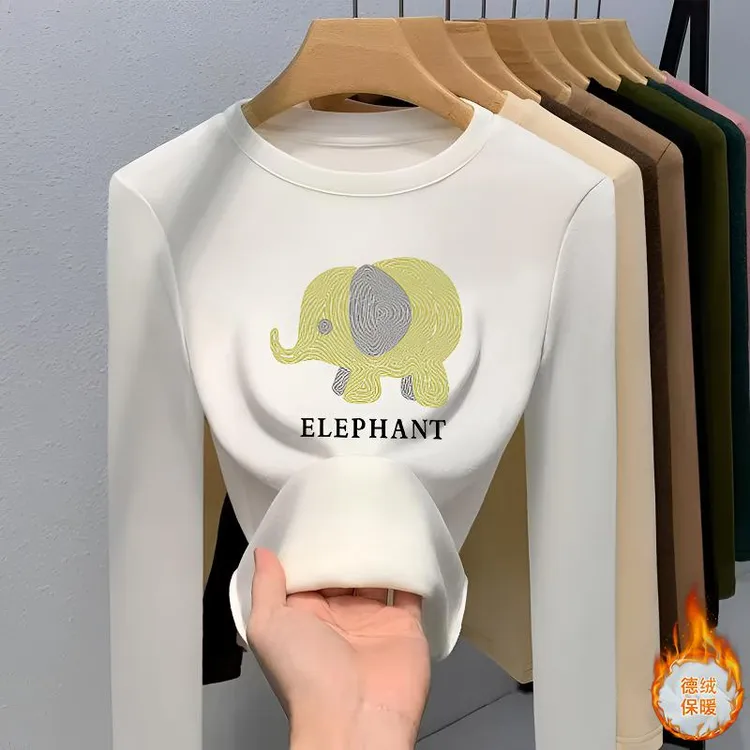 双面德绒正肩磨毛长袖T恤女时尚百搭白色圆领上衣加厚保暖打底衫