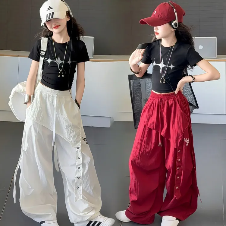 女童爵士舞休闲套装2025新款中大童美式潮酷工装裤儿童速干两件套