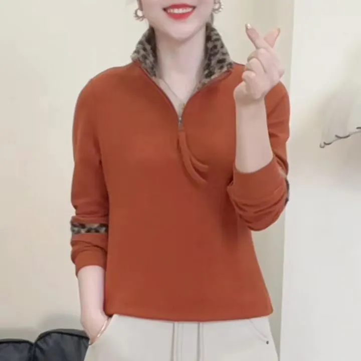 2025冬季保暖拼色休闲拉链卫衣女士百搭长袖小衫气质显瘦打底衫女