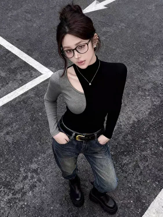 半高领假两件长袖打底衫女秋冬内搭修身T恤撞色拼接镂空锁骨上衣